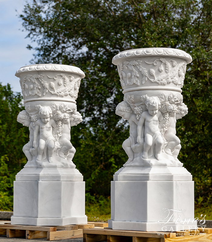 Marble Planters  - Luxurious Italian Marble Cherub Urn Pair  - MP-494